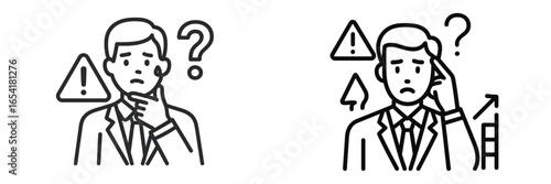 Confused businessman contemplating challenges and market trends in a corporate environment