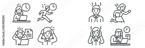 Stressful situations in the workplace illustrated through various characters and activities