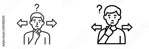 Confused young man contemplating choices with uncertainty in a minimalist style