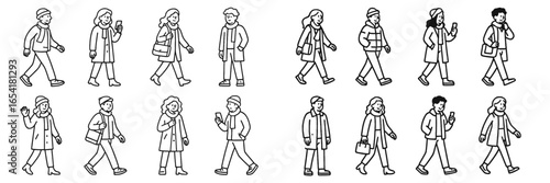 People walking in a city park during early spring while using mobile devices and engaging in leisurely activities