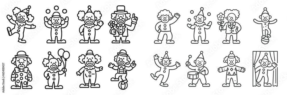 Fototapeta premium Collection of cheerful clown illustrations showcasing various circus-themed activities and expressions