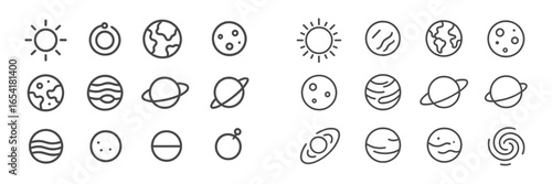 Icons representing celestial bodies and cosmic elements designed in a minimalistic style with a variety of shapes and sizes