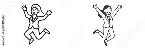 Two business professionals celebrating success with joyful jumps in an office setting during daytime
