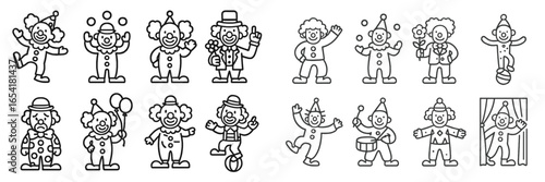 Collection of cheerful clown illustrations showcasing various circus-themed activities and expressions