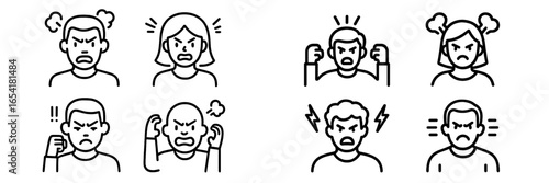 Expressions of anger and frustration captured in simple line drawings of diverse individuals showing strong emotions