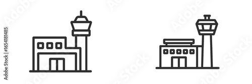 Different styles of airport control towers illustrated in a simple line drawing format