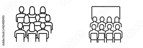 Audience members engaged in a presentation in a conference hall with various seating arrangements