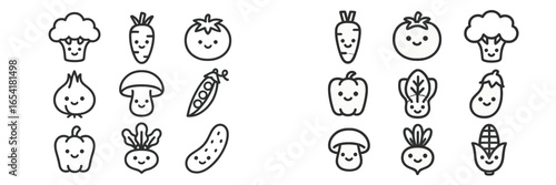 Cute vegetable characters illustrated in a grid pattern with smiling faces and playful designs
