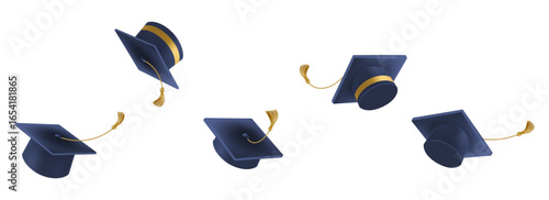 Graduates celebration. 3D Flying black graduate hat