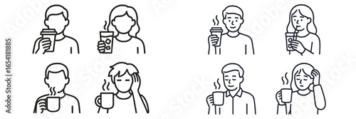 Group enjoys coffee in various moods and expressions at a cozy cafe during morning hours