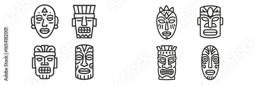 Unique collection of tribal masks showcasing diverse artistic styles and cultural influences in a minimalist design