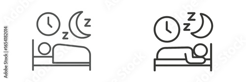 Resting person in bed with clock and moon overhead indicating nighttime sleep and relaxation