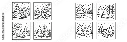 Winter landscape sketches featuring snow-covered trees and serene natural scenery in various settings