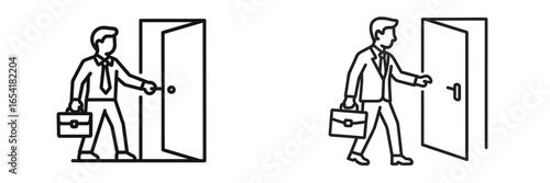 Businessman entering office with briefcase in hand during daytime in a professional setting