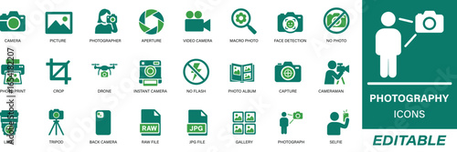 Photography Icon Set featuring solid vector icons of photo camera, photographer, video camera, and picture symbols. Perfect for media, studio, and visual content projects