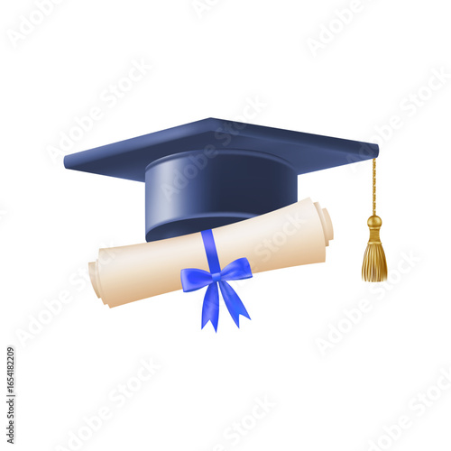 3d diploma scroll with graduate hat. Vintage roll paper