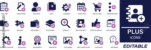 Plus Sign Icon Set featuring solid vector icons for add, new, more, copy, create, zoom, and positive actions. Ideal for UI design, apps, and digital tools.