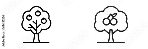 Two simple illustrations of fruit trees showcasing apples and cherries in a minimalist design style