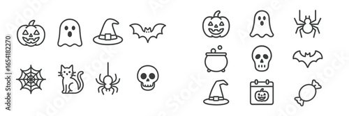 Fun and spooky Halloween icons featuring pumpkins, ghosts, bats, and more for festive celebrations and decorations