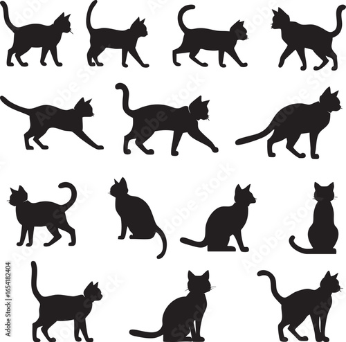 A series of black and white cat silhouettes are shown in various poses