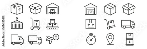 Collection of icons depicting various aspects of shipping and logistics in a warehouse setting during daytime
