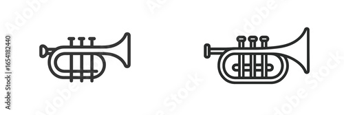 Minimalist vector illustration of two trumpet designs in monochrome