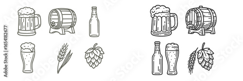 Festive beer brewing elements with mugs, barrels, and hops