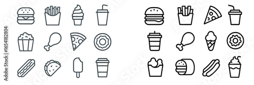 Variety of fast food icons including snacks and beverages for design