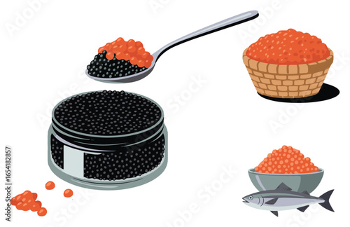 A vector collection of caviar and fish roe icons in solid and outline styles, featuring jars, bowls, spoons, fish, baskets, grinders, and serving dishes. Perfect for seafood restaurants, gourmet food 