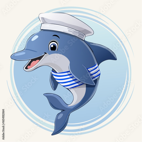 Cheerful cartoon dolphin character in a sailor outfit, happily swimming and ready for an ocean adventure, perfect for children's designs and maritime themes