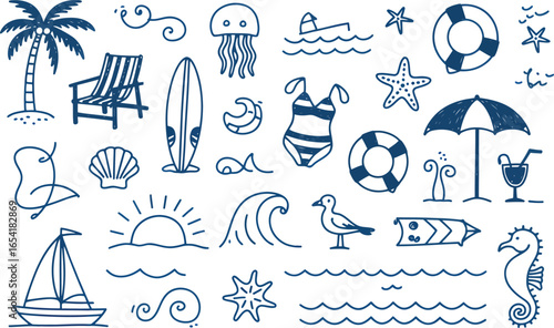 Set of beach illustration vector — hand-drawn summer elements including palm tree, surfboard, sandcastle, sea creatures, and vacation icons