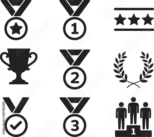 Set of award and achievement illustration vector — 8 icons featuring medals, stars, trophy, laurel wreath, and podium in recognition theme