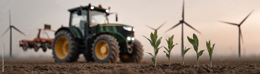 Obraz premium Agricultural tractor maneuvering through a vast lush green field of growing crops during a sunny day showcasing modern farming techniques and the food production cycle in a rural landscape.