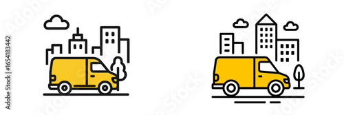 Delivery van in urban setting with city skyline features