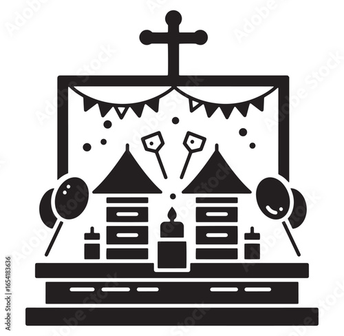 Simplified illustration of a religious shrine with cross and festive decorations for celebrations