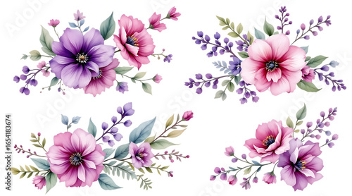 Watercolor pink and purple floral bouquets with poppies, isolated on transparent background.


