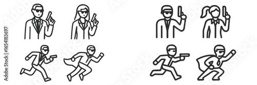 Vector illustration of secret agents engaged in action activities