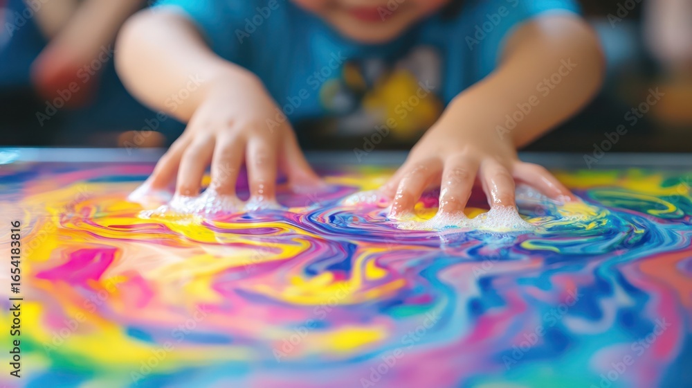 Obraz premium Children creating colorful, swirling milk art using food coloring and soap in a science-themed session