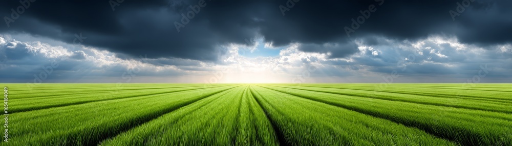 Fototapeta premium Expansive green field under a dramatic dark and cloudy sky with the bright sun shining through creating a powerful and atmospheric natural landscape scene with beautiful light.