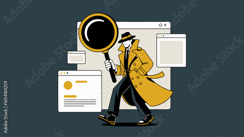 digital detective with magnifying glass investigating web pages vector illustration 