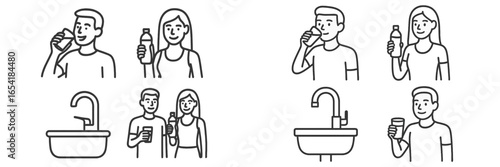 People drinking water and using sink for hydration and cleanliness