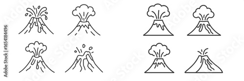 Various volcanic eruption illustrations featuring different styles