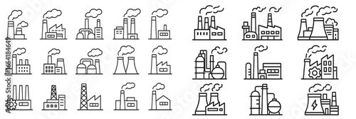 Various factory and industrial building illustrations with smoke