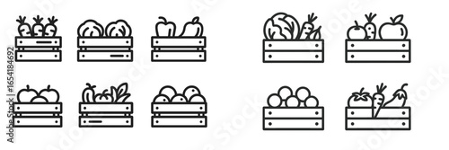 Fresh produce collection in wooden crates featuring diverse vegetables