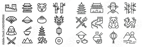 Black and white vector art of Asian cultural symbols