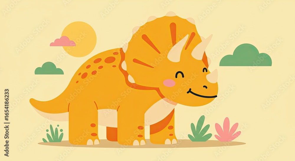Naklejka premium Happy Orange Triceratops Cartoon on Cream Background