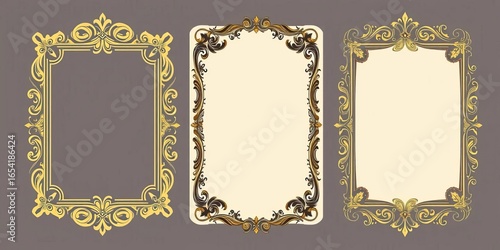Set of vintage ornate greeting cards with flourish frames, intricate patterns, and vector illustrations,   design element,   texture
