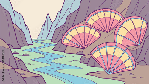 Cartoon landscape with river flowing between mountains and pink fan shaped plants on the ground area