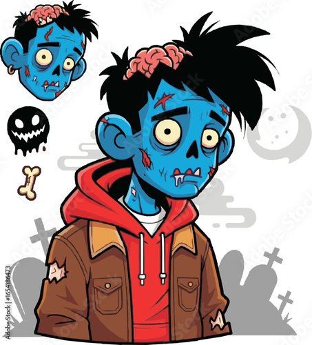 Cartoon zombie character with exposed brain, wearing a jacket and hoodie.