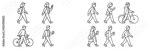 Vector illustration of diverse people walking with various activities
